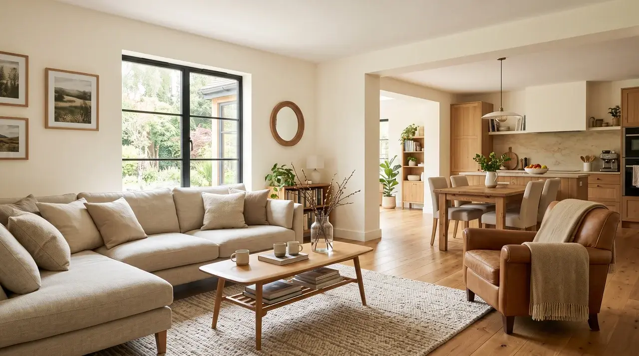 Open-plan living room with warm off-white walls and wood accents.