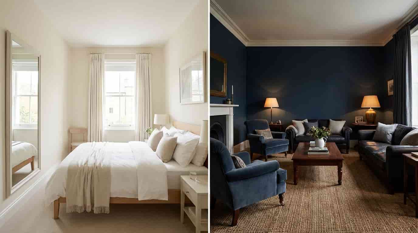 High LRV paint makes a small room feel open while low LRV shades create a cozy feel in large spaces