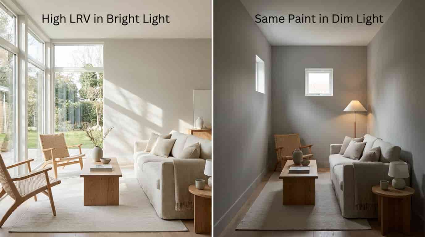 Same gray paint appearing brighter in sunlight and darker in a low light room due to LRV differences