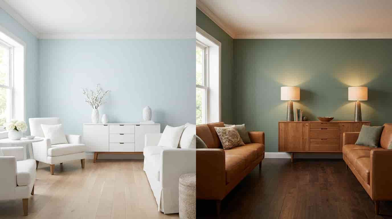 Same paint color appearing different due to lighting flooring furniture and surrounding colors