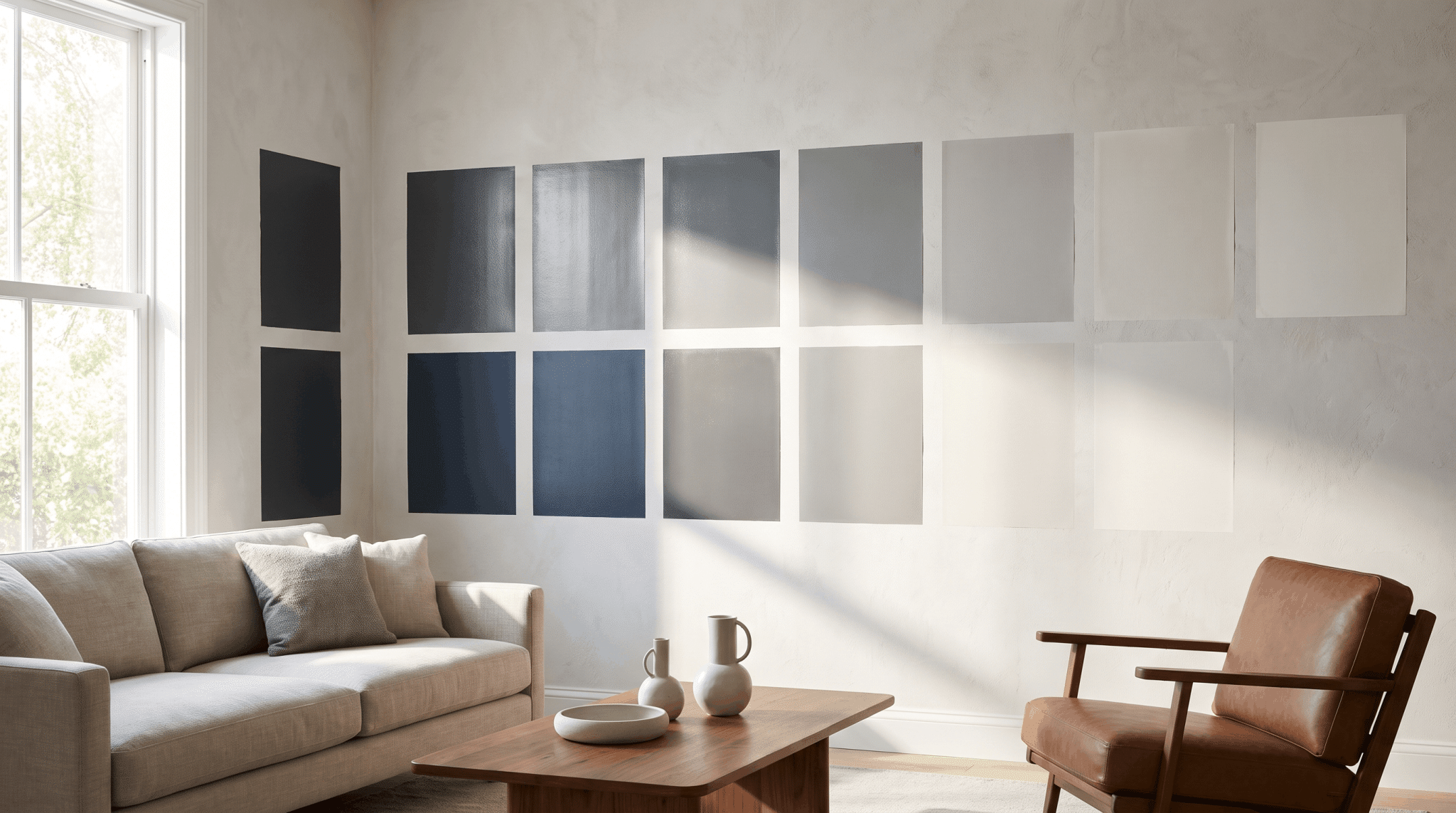 Paint wall samples showing how LRV changes the appearance of colors in different lighting.