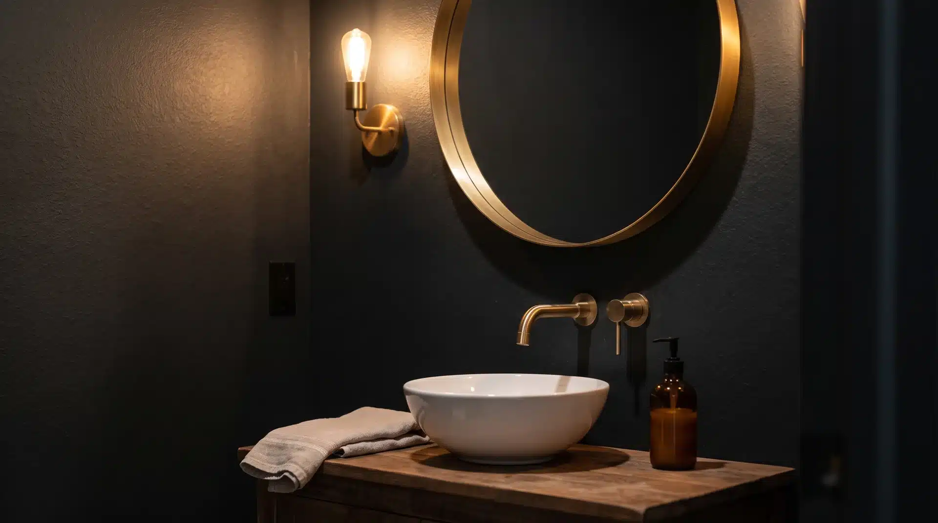 Moody guest powder room with charcoal walls brushed gold mirror and faucet in warm sconce light.