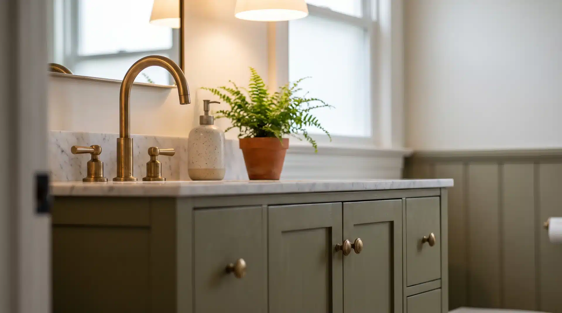 Muted green bathroom vanity with brass hardware ceramic soap dispenser and small fern on marble counter.