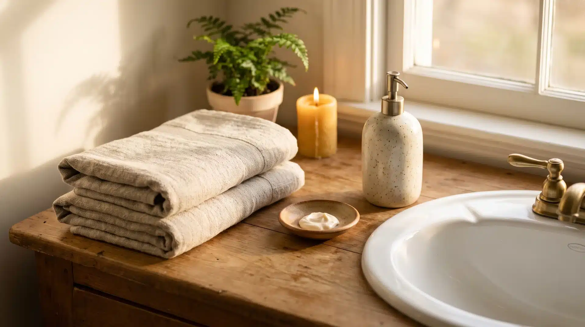 Guest bathroom counter with folded linen towels ceramic soap dispenser and small dish of hand cream.