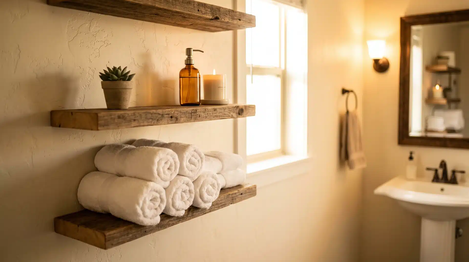 Floating shelves in a guest bathroom with rolled white towels small plant and glass soap dispenser.
