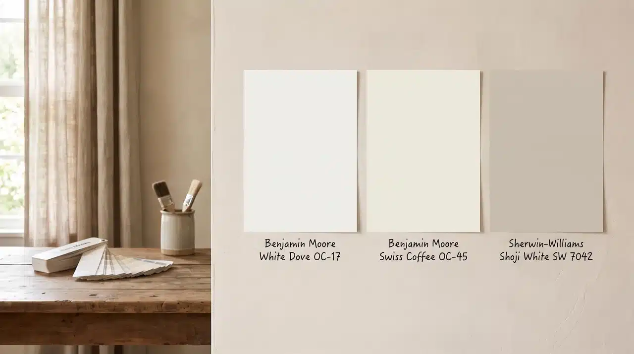Paint colors similar to Ballet White displayed as wall swatches.