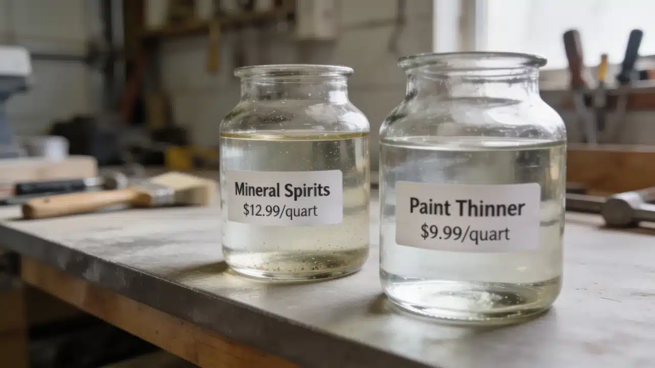 Mineral spirits and paint thinner containers showing cost comparison
