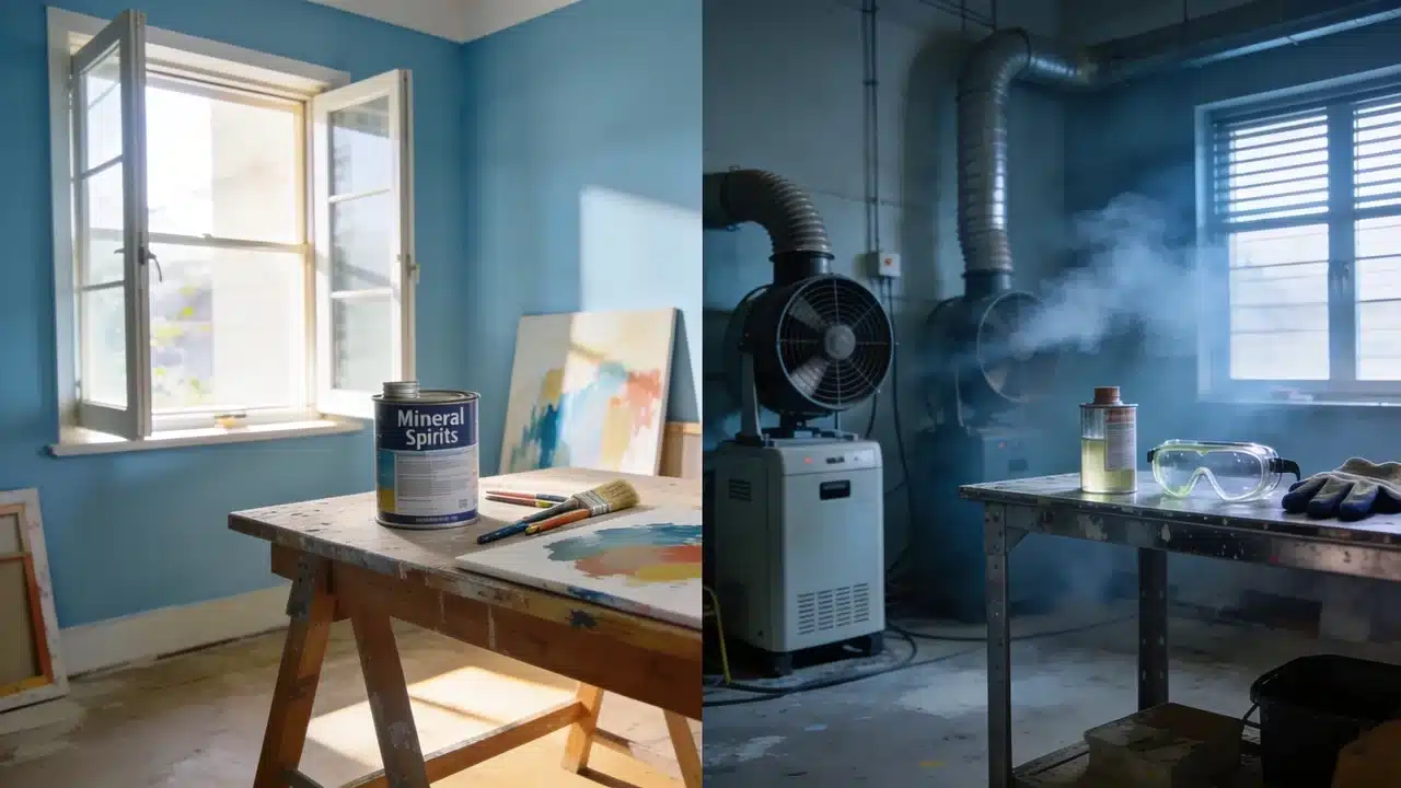Indoor painting workspace comparing odor and ventilation needs of solvents
