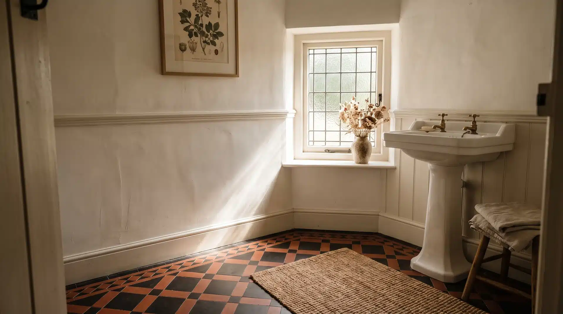 Guest bathroom with patterned encaustic cement tile floor and simple white walls in natural light.