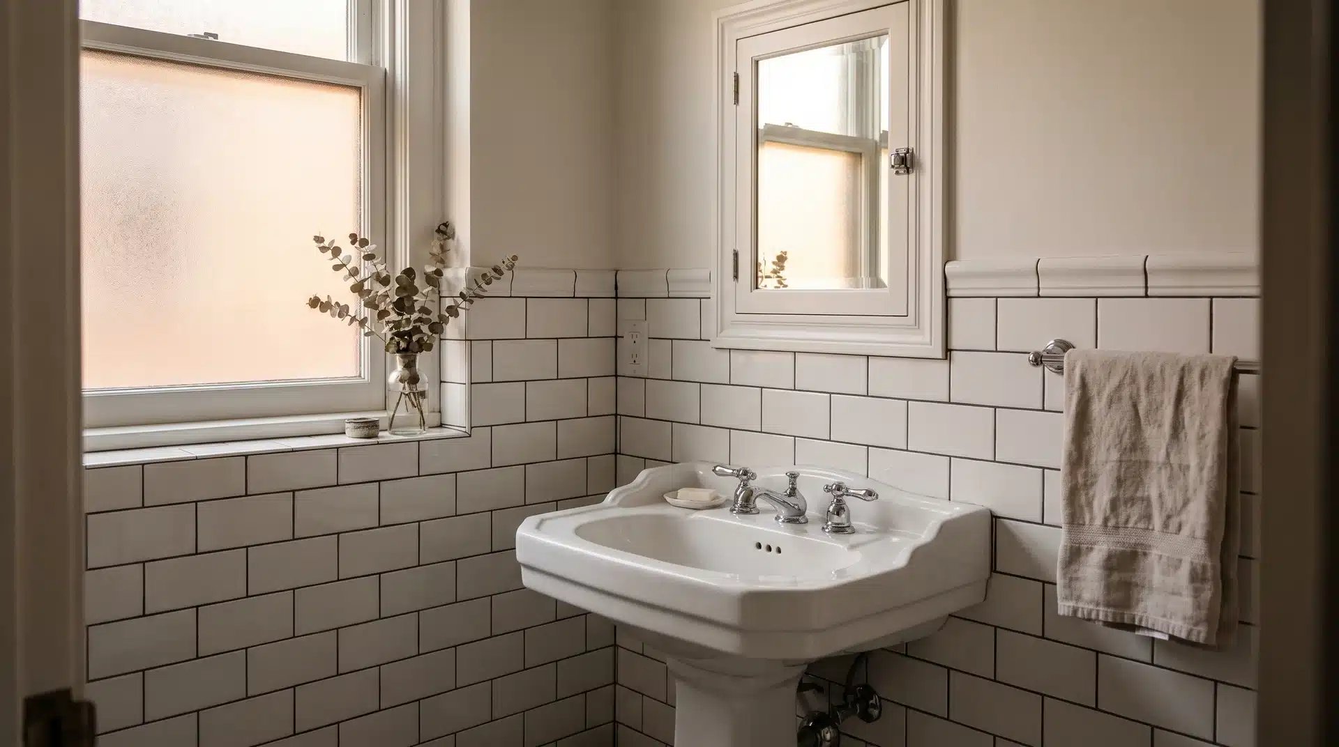 Classic white pedestal sink in a small guest bathroom with subway tile walls and recessed medicine cabinet.