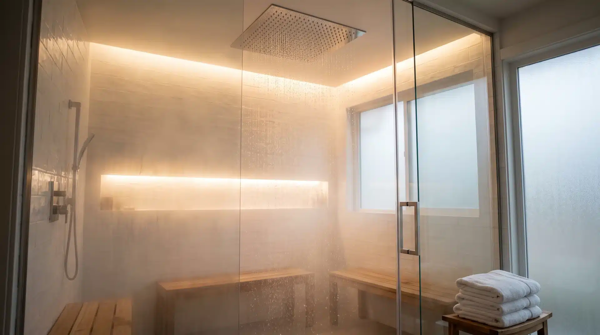 Guest bathroom shower with a large square ceiling-mounted rainfall showerhead and white tile walls.