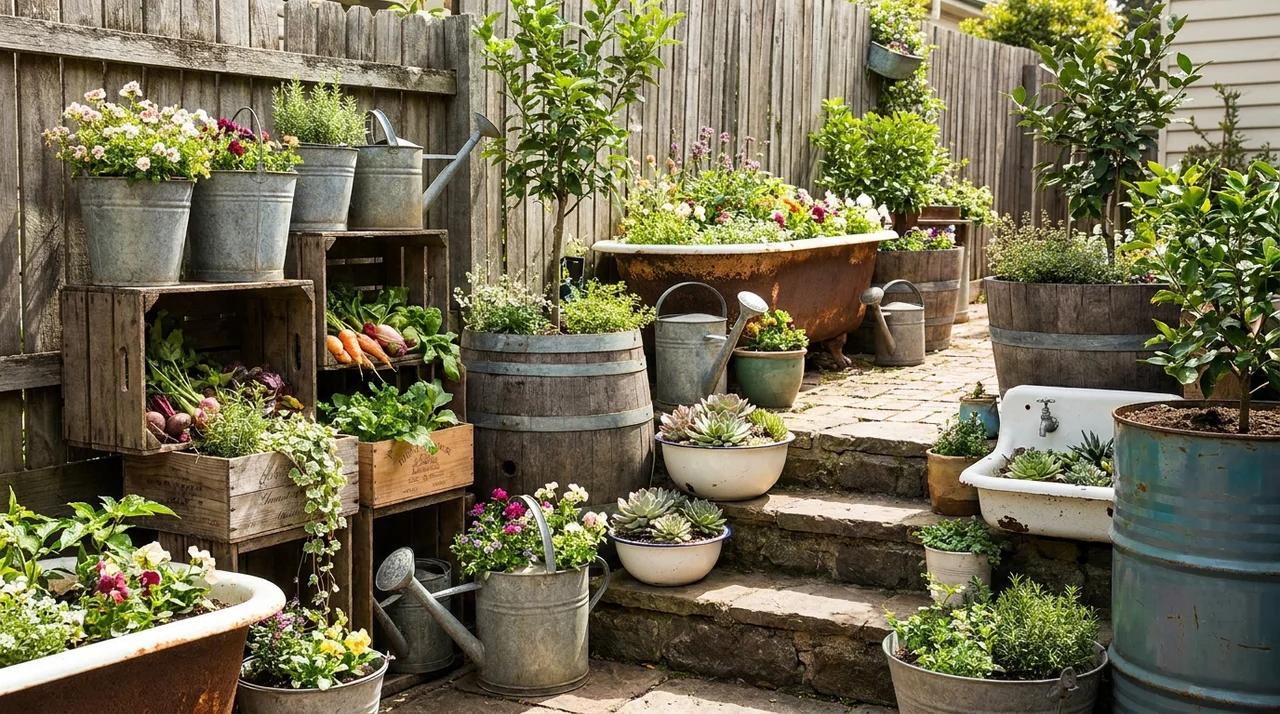 Backyard planters made from repurposed containers and recycled materials.
