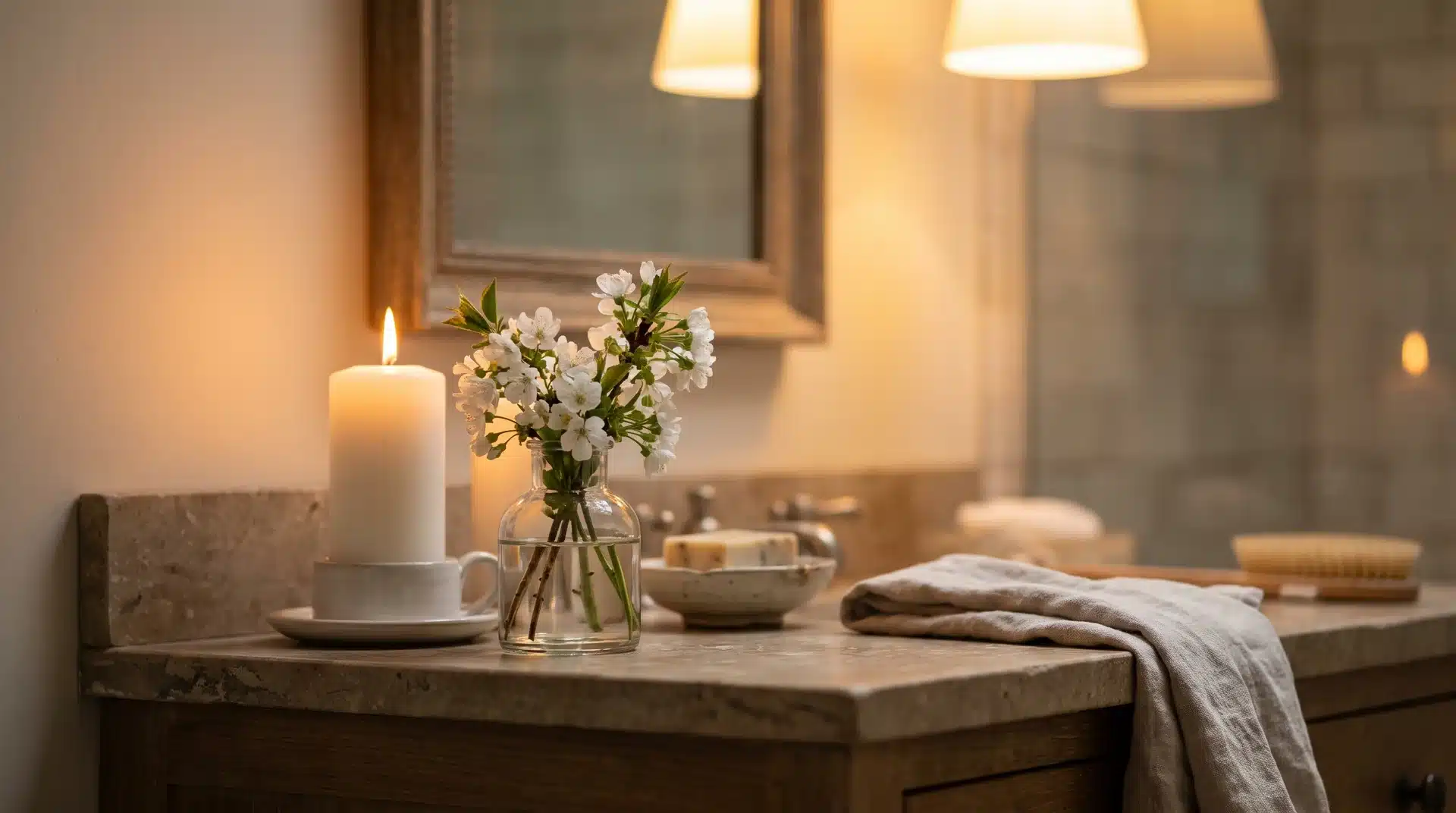 Guest bathroom counter with a lit white candle beside a small glass vase of fresh white flowers.