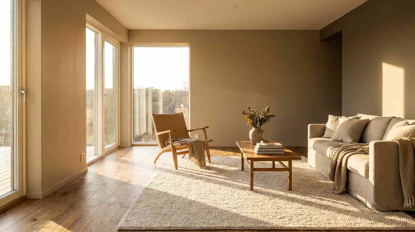 South-facing room with strong warm sunlight showing balanced LRV paint color depth