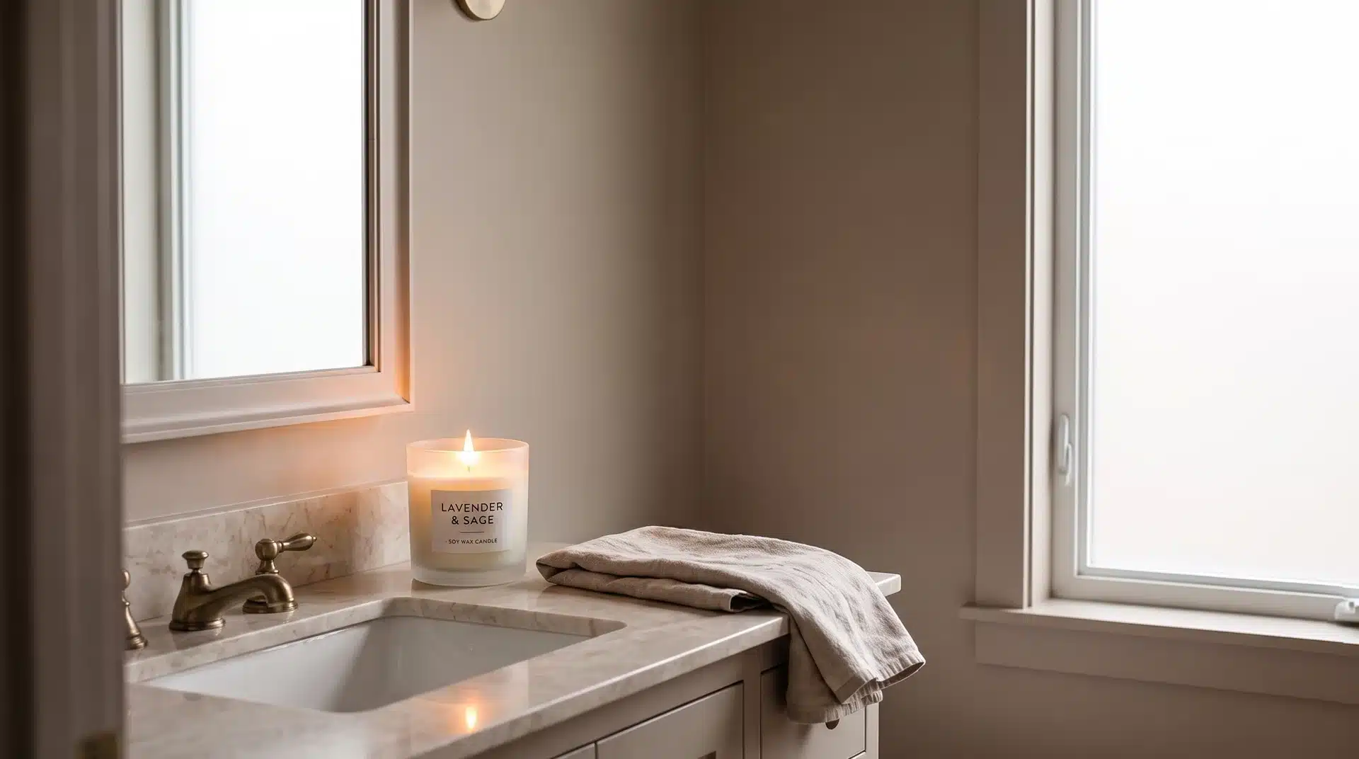 Calm spa-inspired guest bathroom with clear marble counter folded linen towel and single candle burning.