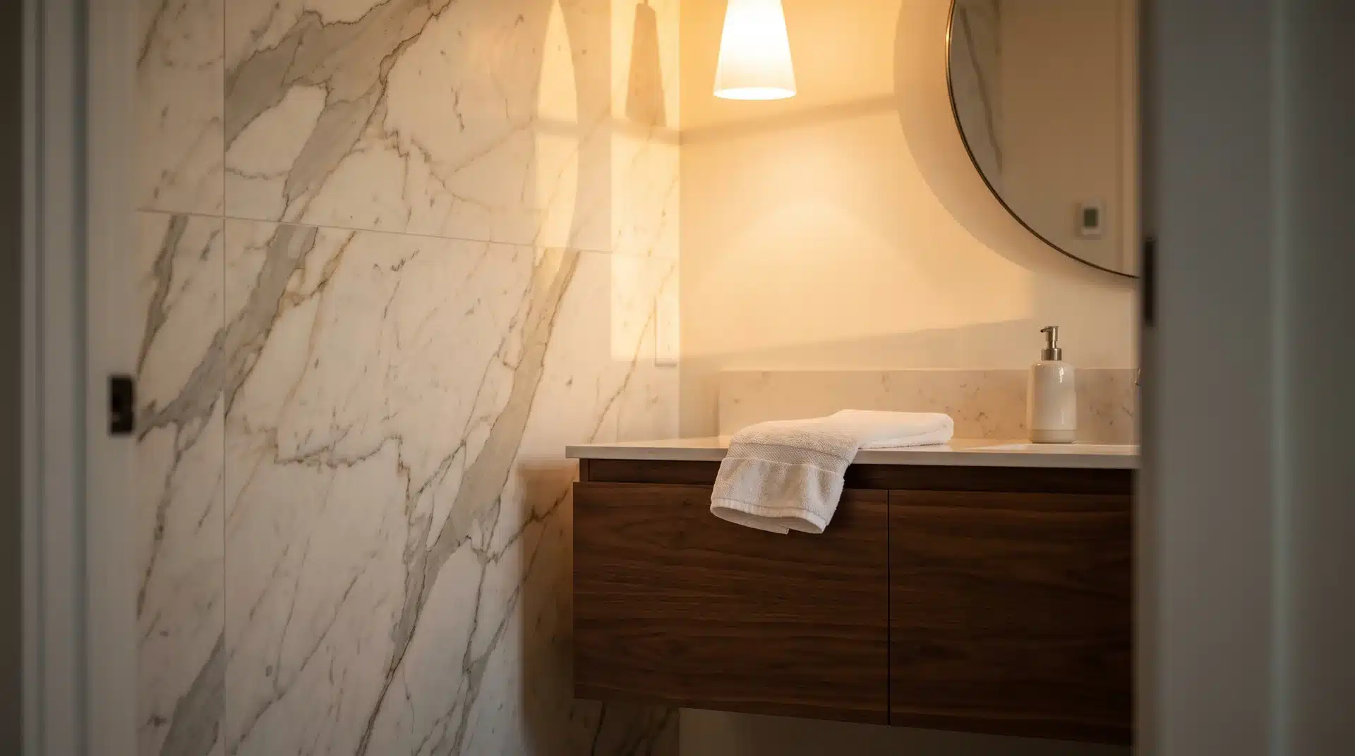Guest bathroom marble tile accent wall behind a warm wood vanity with soft lighting and folded towel.
