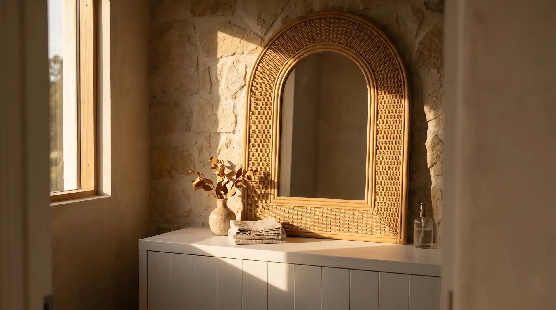 Large arched rattan mirror above a simple white guest bathroom vanity in warm afternoon light.