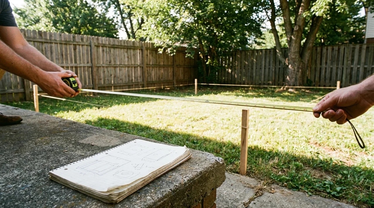 Person measuring an empty small backyard before planning a makeover layout.