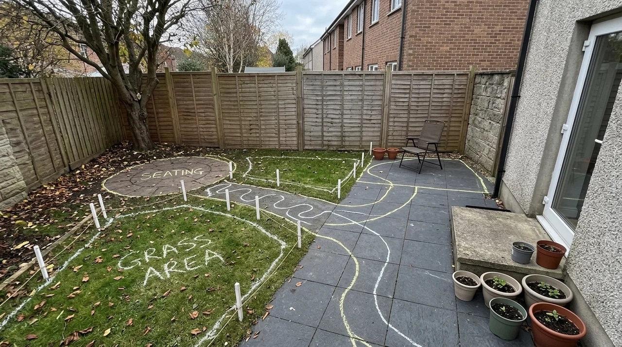 Small backyard being divided into possible seating and garden areas during planning.