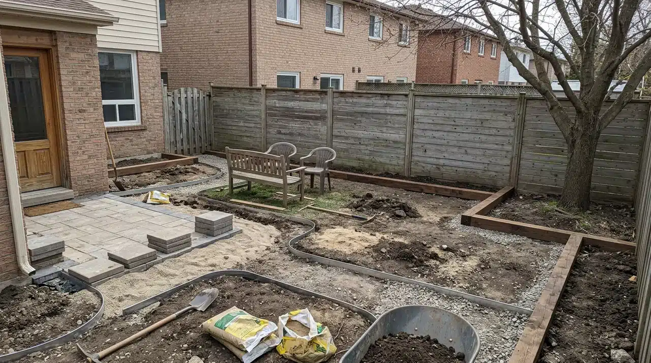 Small backyard with early layout work including pathways, seating placement, and garden areas.