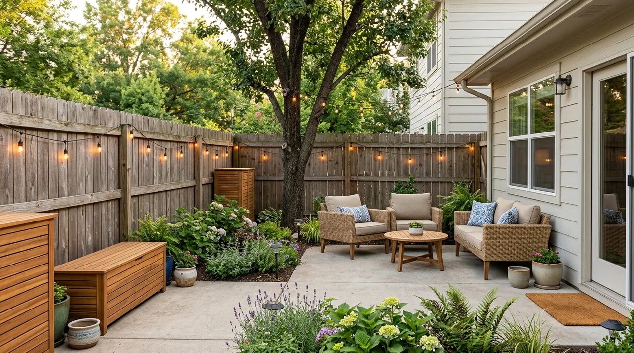 Completed small backyard makeover with seating, plants, lighting, and functional upgrades.