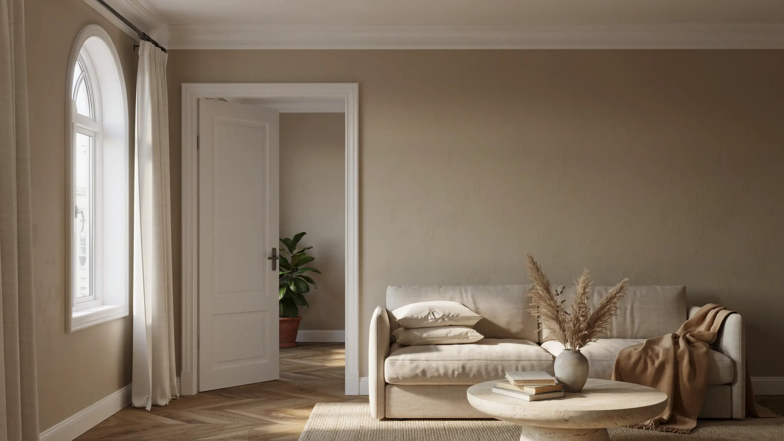 Living room with white trim, door, and ceiling against warm beige walls.