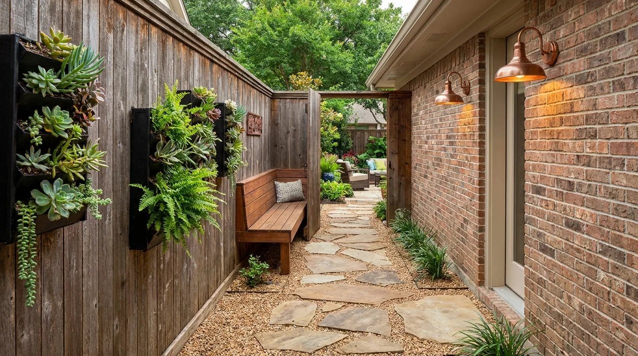 Narrow side yard redesigned as a functional outdoor extension with smart storage.