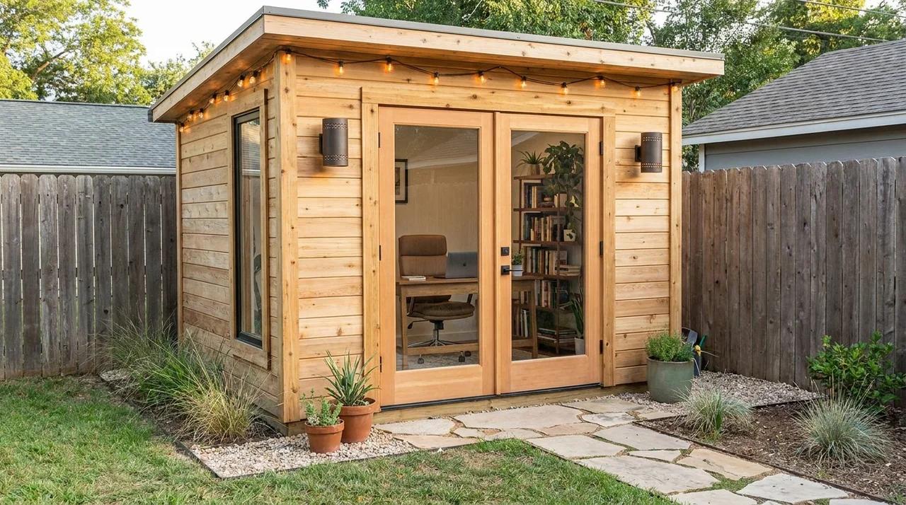 Small backyard shed converted into a modern outdoor office workspace.