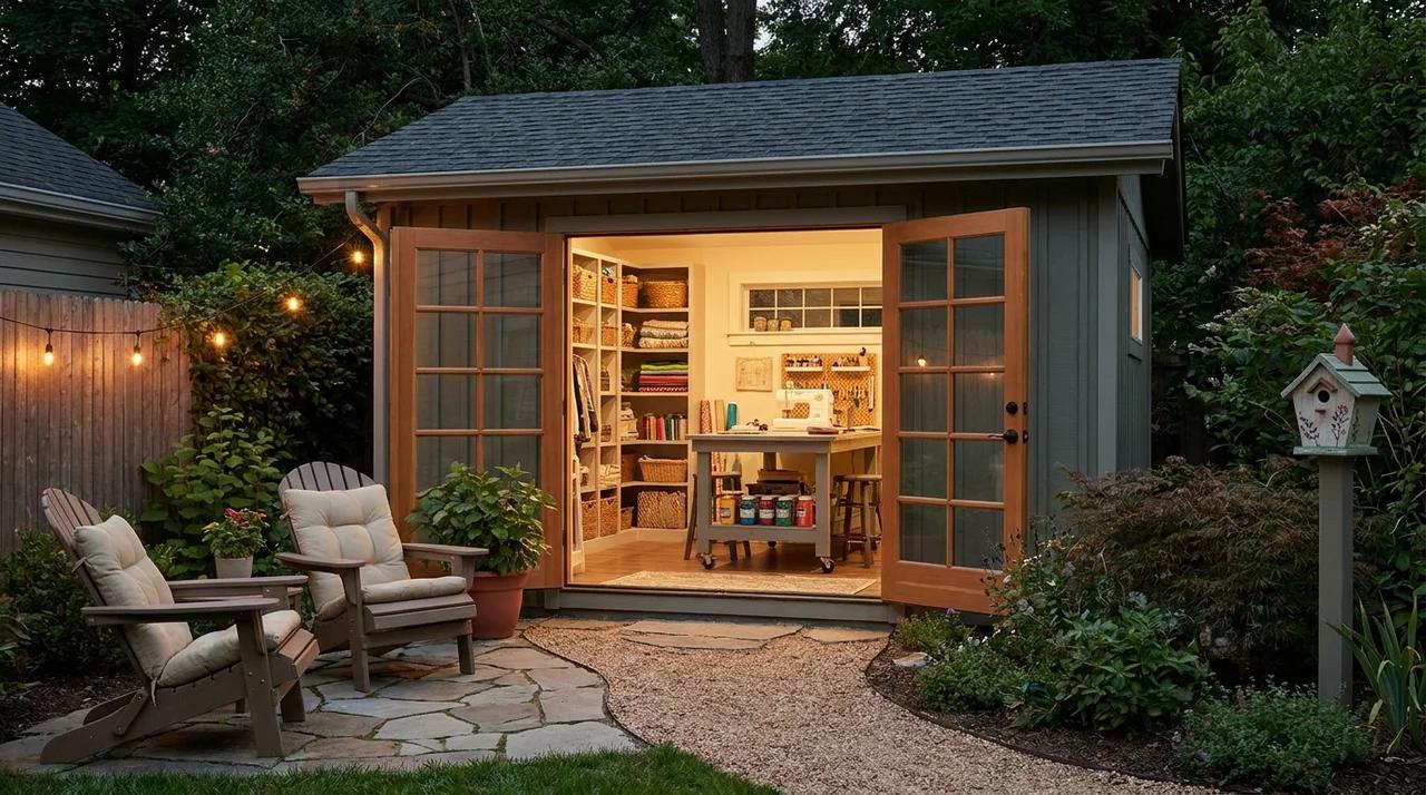 Backyard shed transformed into a creative hobby room with workspace.