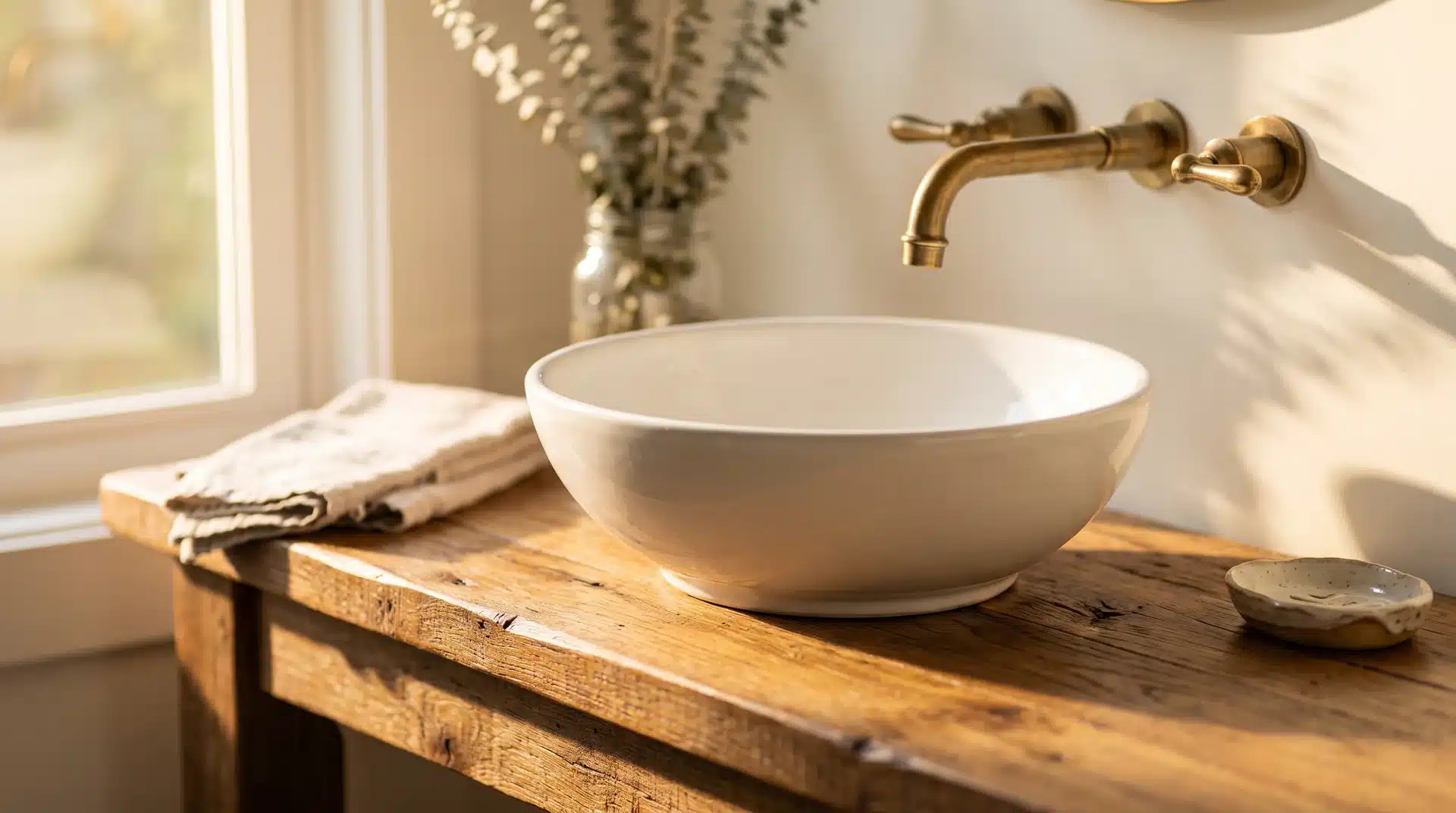 White ceramic vessel sink on a natural wood vanity with wall-mounted brass faucet in morning light.