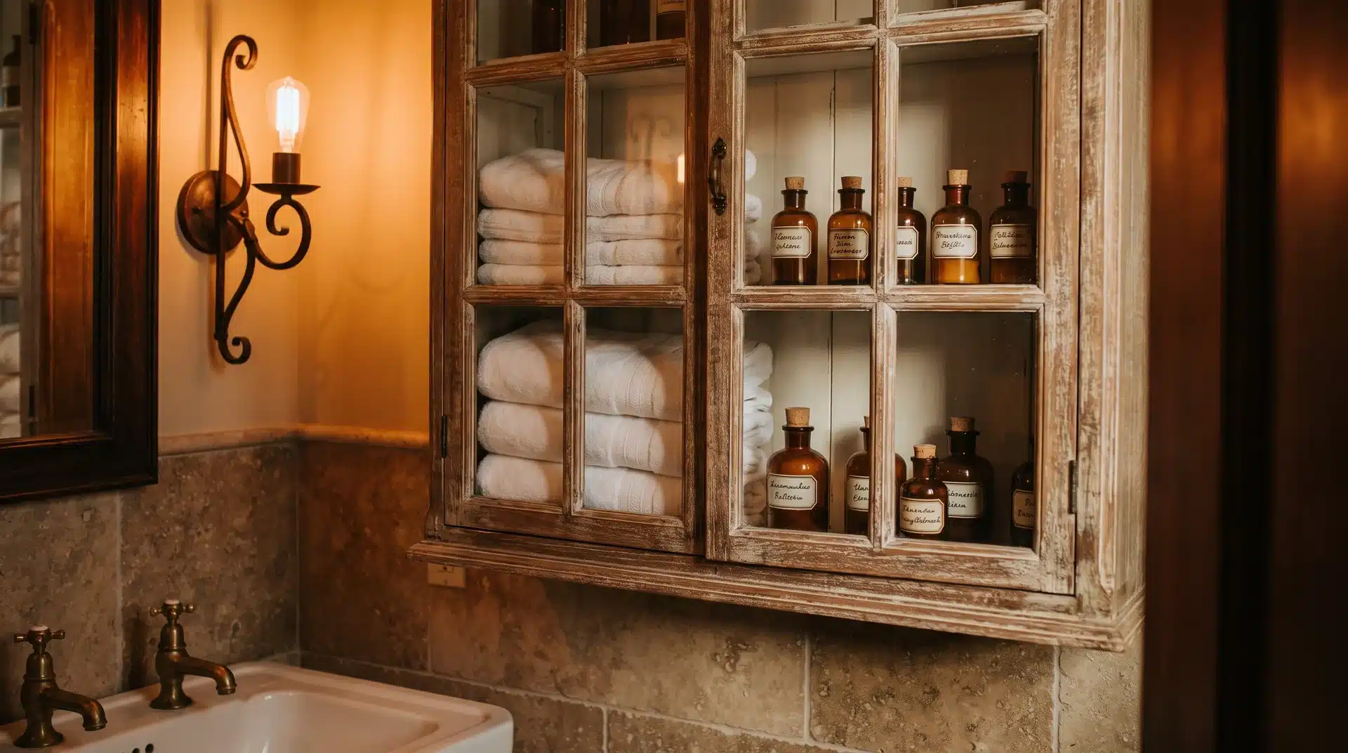 Vintage apothecary cabinet with glass doors holding folded towels and glass bottles in warm amber light.