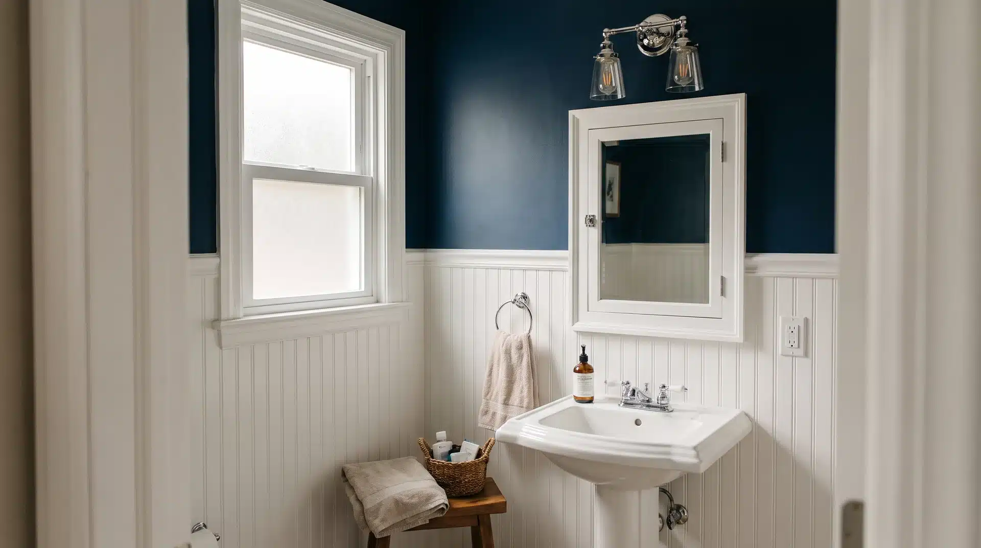 Guest bathroom with white wainscoting and deep navy paint above a simple white mirror in natural light.