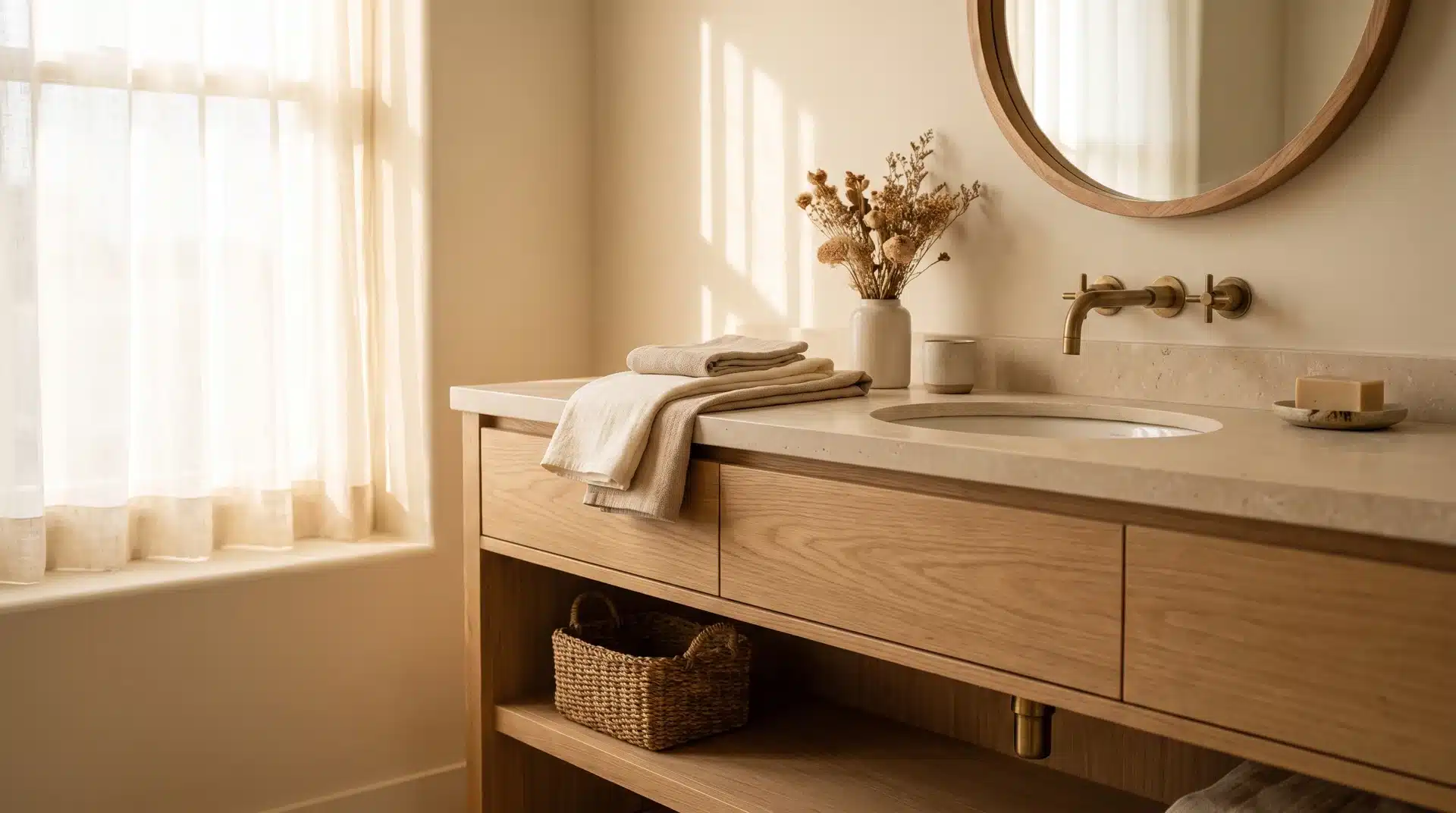 Guest bathroom in warm cream tones with oak wood vanity linen towels and a woven basket in morning light.
