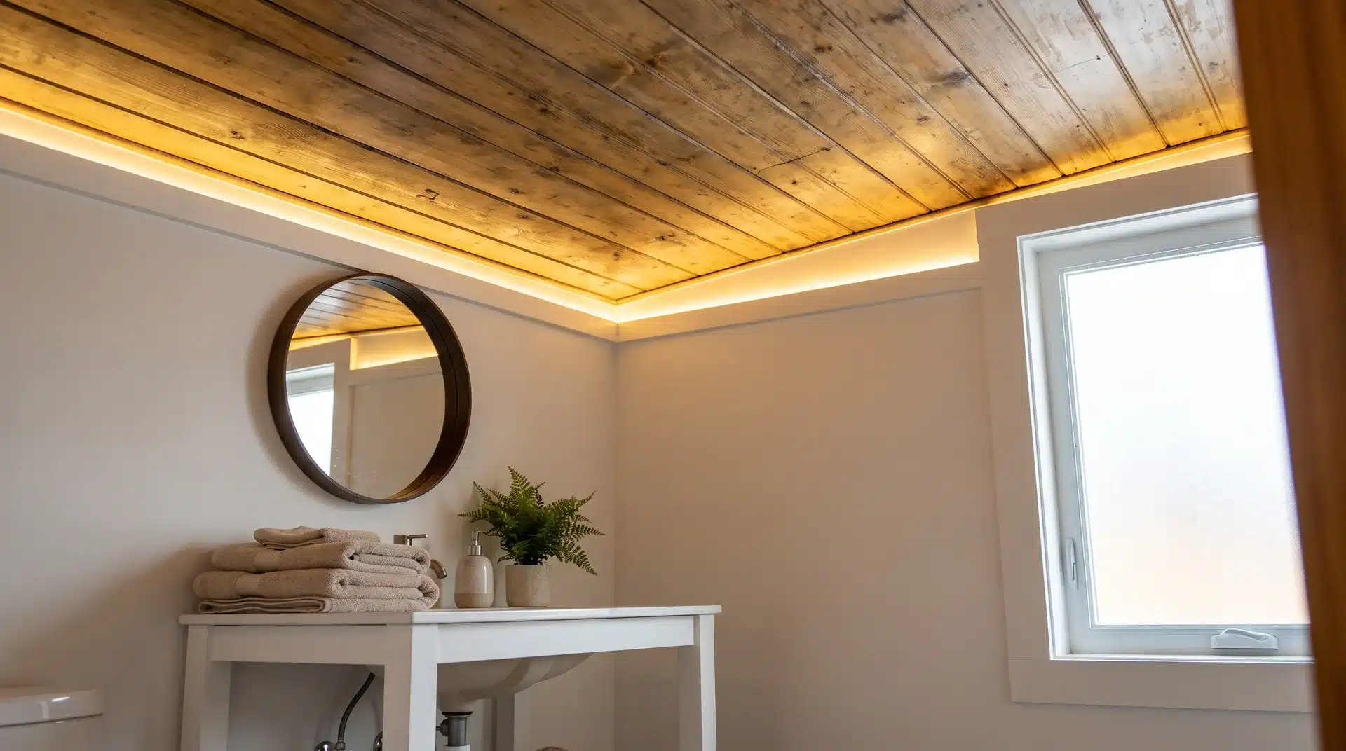 Guest bathroom with warm natural wood plank ceiling white walls and simple white vanity below.