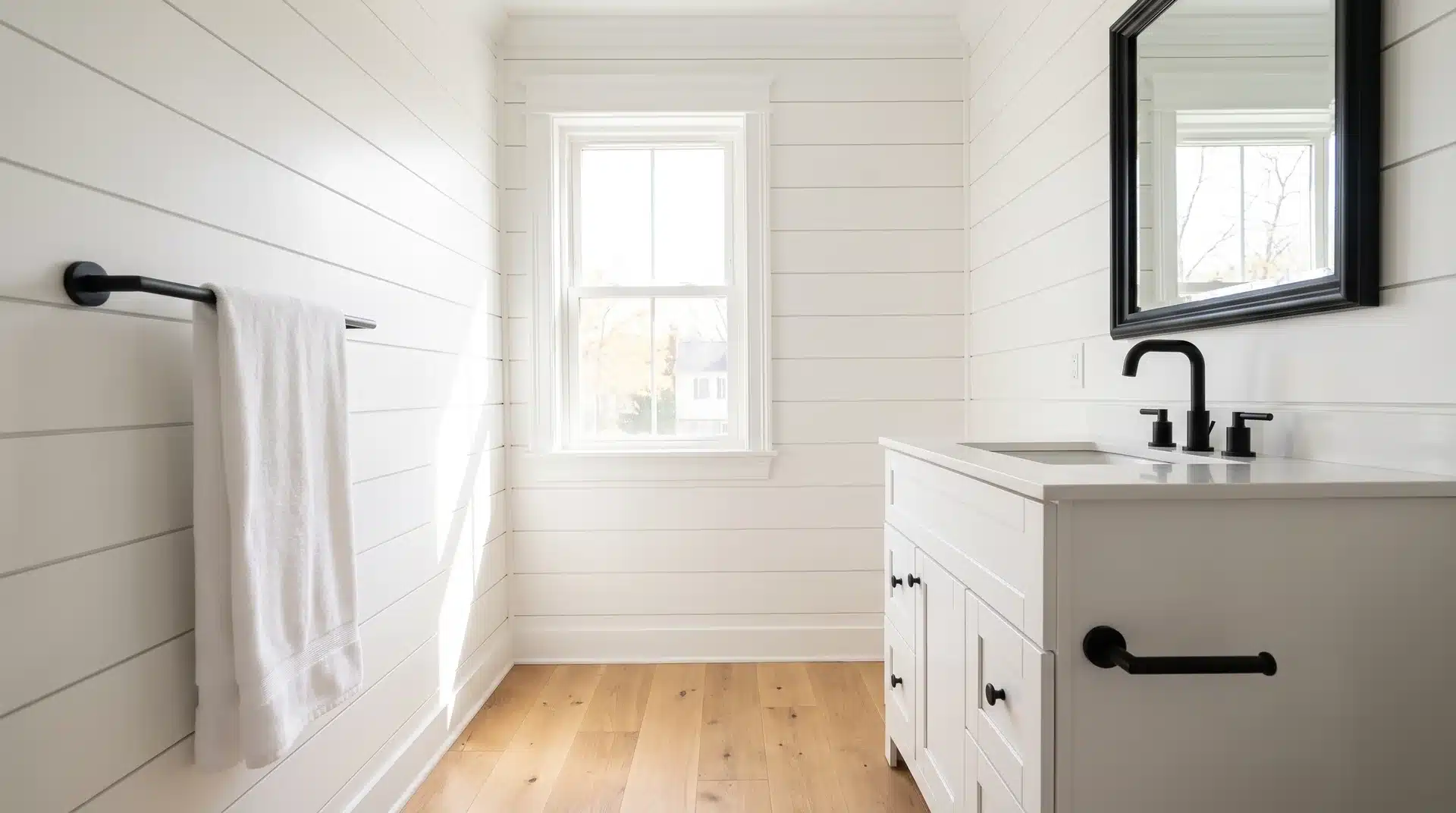 Full guest bathroom with white shiplap walls matte black fixtures white shaker vanity and oak floor.