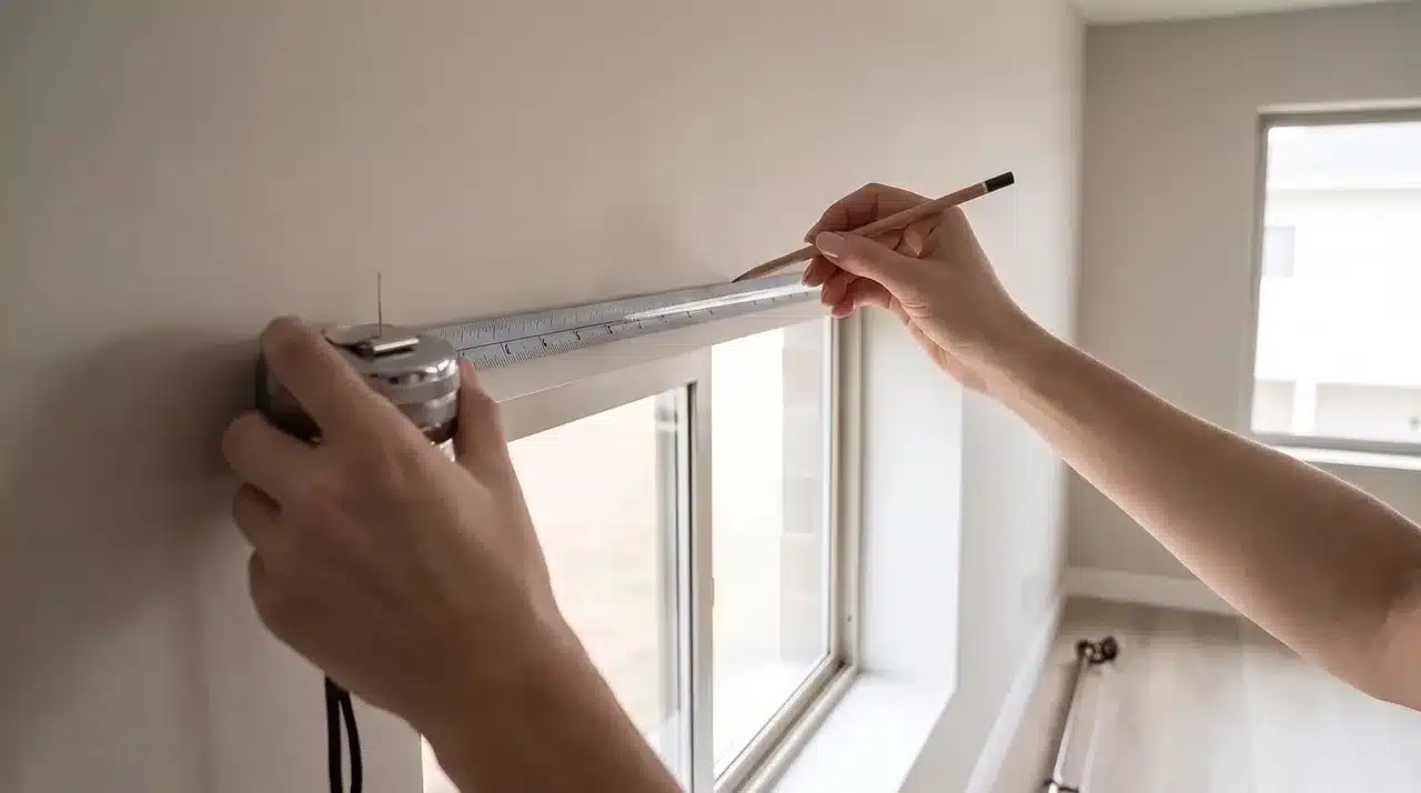 Hands marking curtain rod placement above a window while measuring the correct height and width