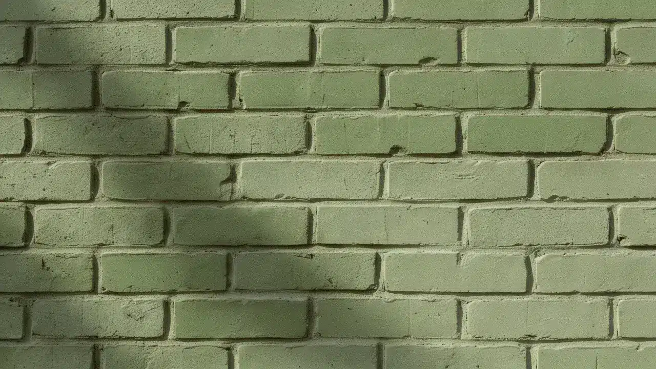 Muted sage green brick stain adds a soft, earthy finish while preserving the wall&rsquo;s natural texture.