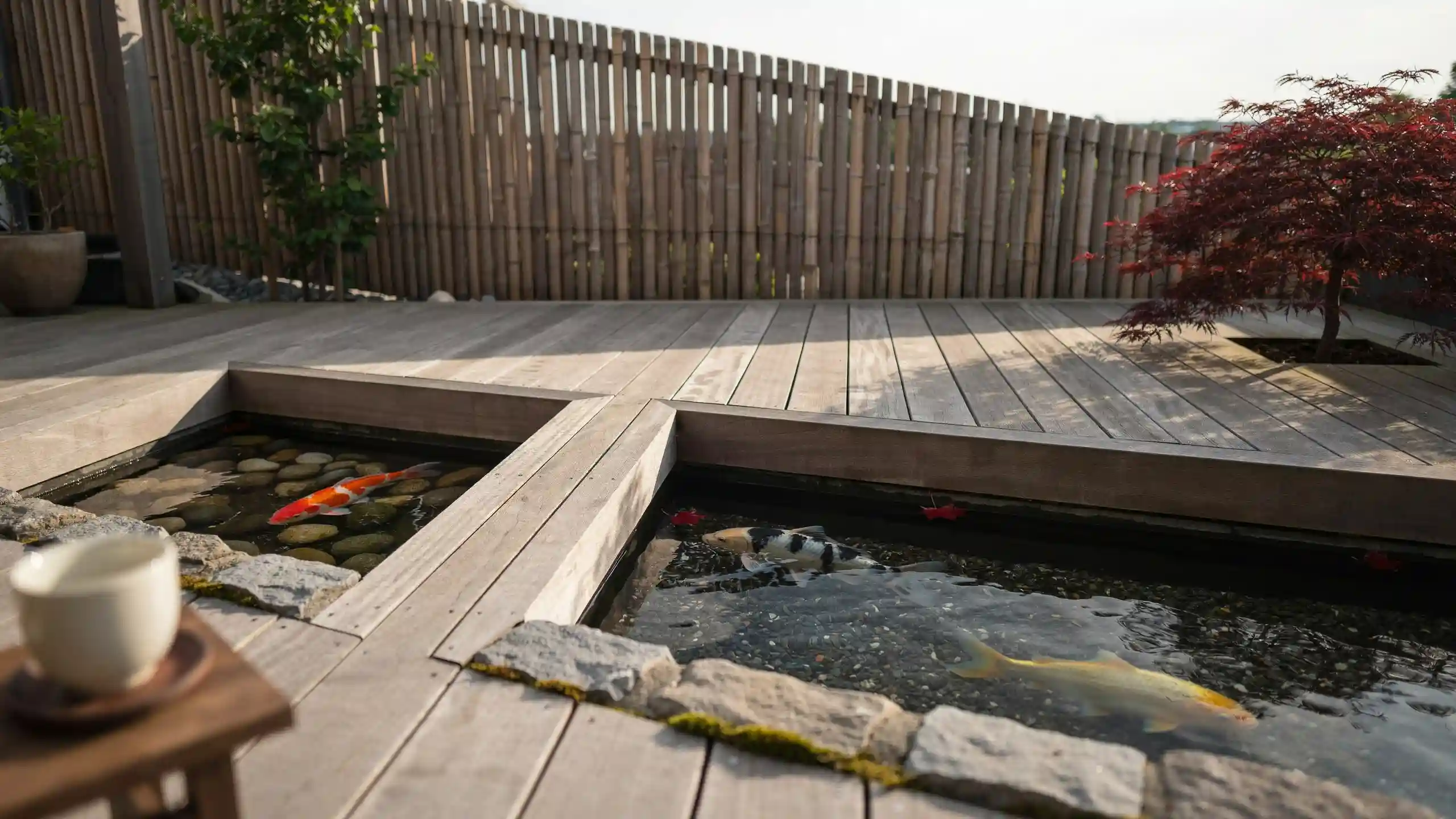 Koi pond integrated into a wooden deck with a narrow footbridge, stone edging, bamboo fencing.