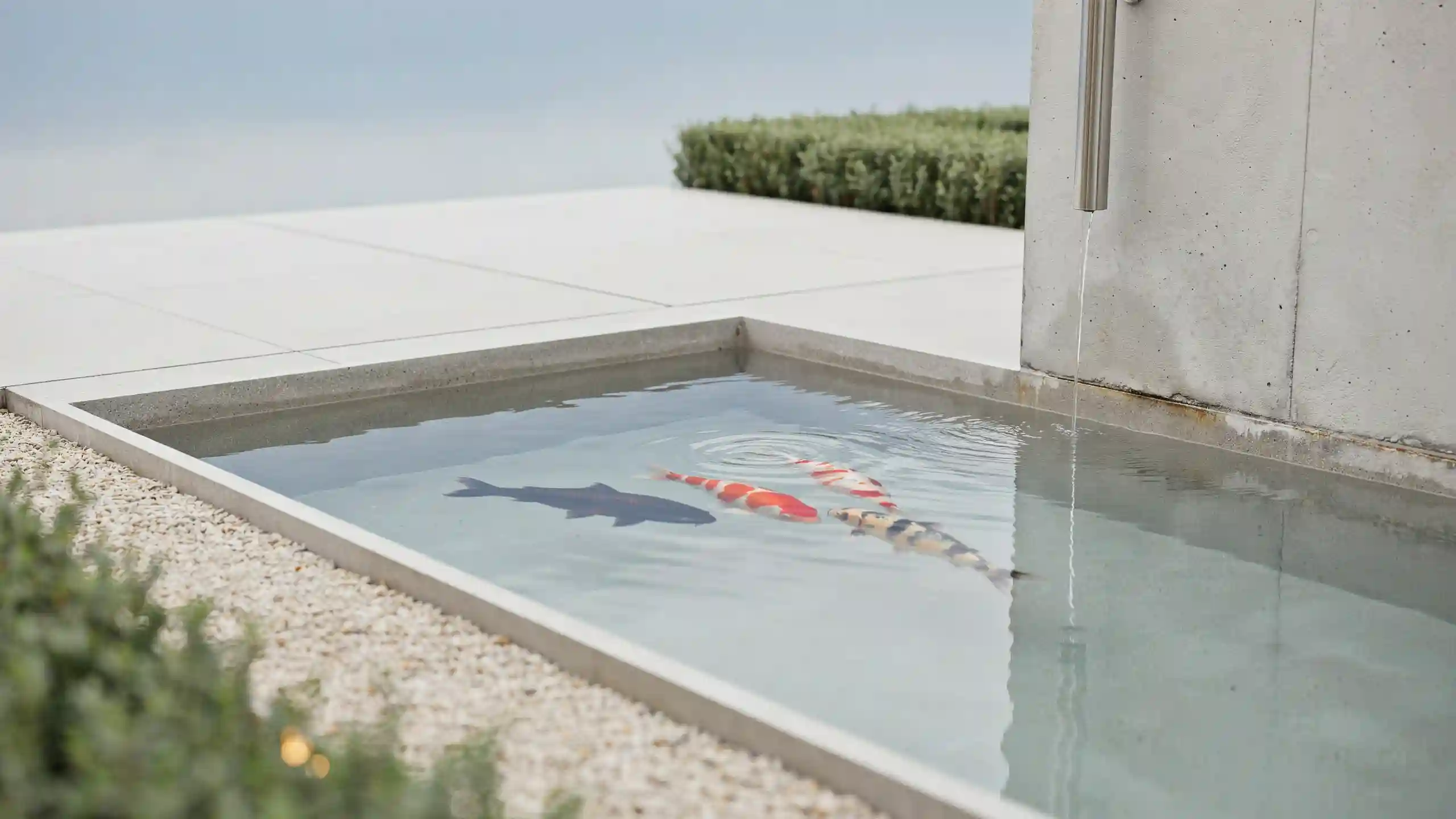 Minimalist concrete koi pond with colorful fish, a slim wall fountain, white gravel, and neatly trimmed hedges.
