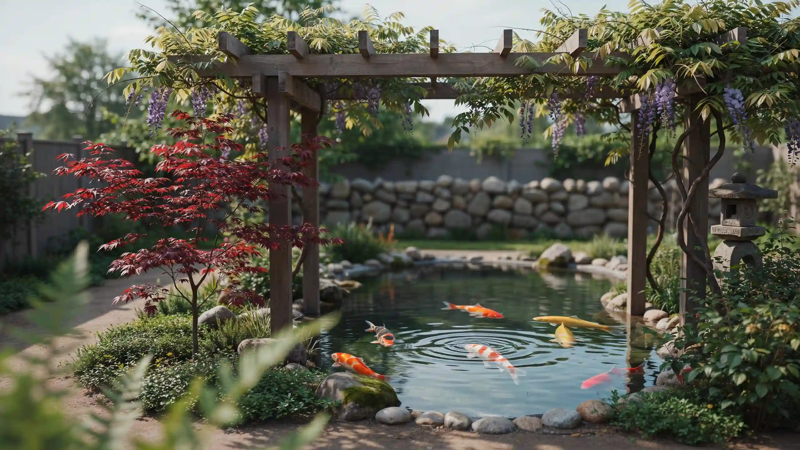 Shaded koi pond beneath a wooden pergola covered with purple wisteria, beside a Japanese maple and stone lantern.