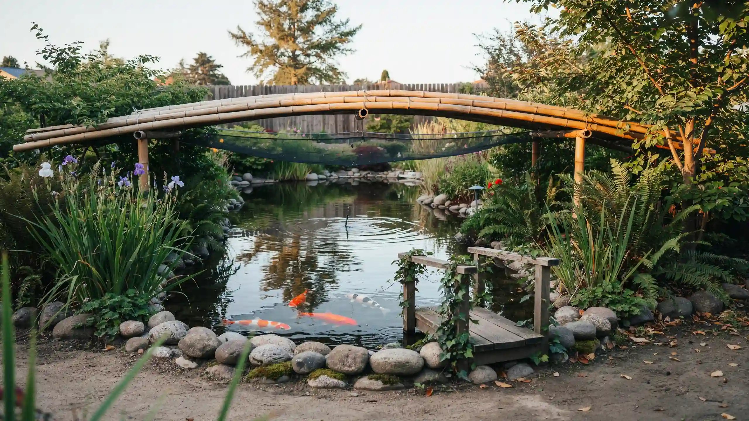 Koi pond protected by overhead netting beneath a bamboo frame, surrounded by rocks, flowering plants, and ferns.