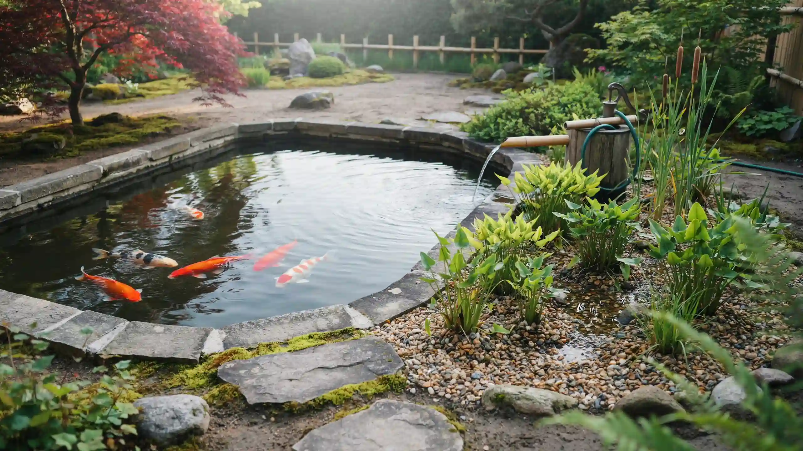 Koi pond with a planted gravel bog filter, cattails, bamboo water spout, stone edging, and a red Japanese maple.