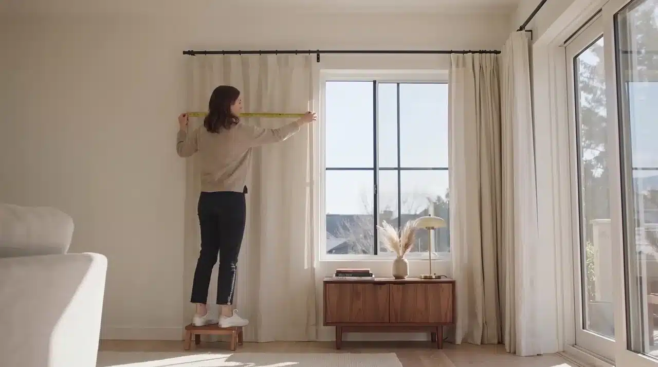 Measuring curtain rod width above a window with a tape measure