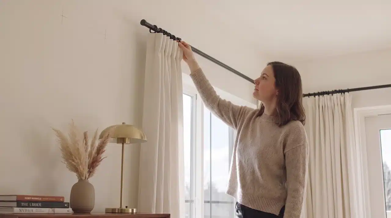Woman looking at the curtain head style on a black curtain rod in a bright modern living room with simple decor.