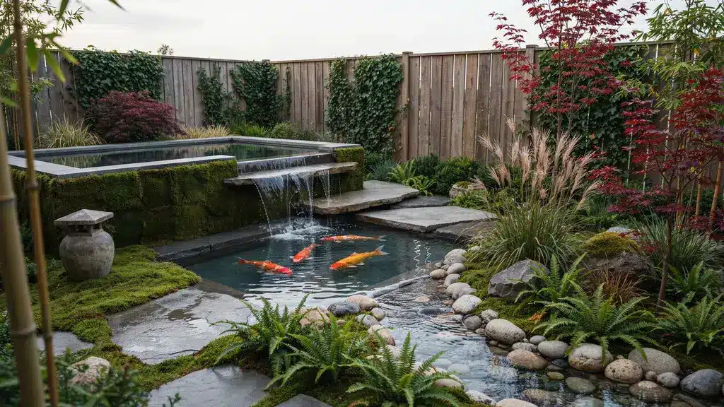 Multi-level koi pond with a waterfall, stone edging, moss, ferns, ornamental grasses, and Japanese maples.