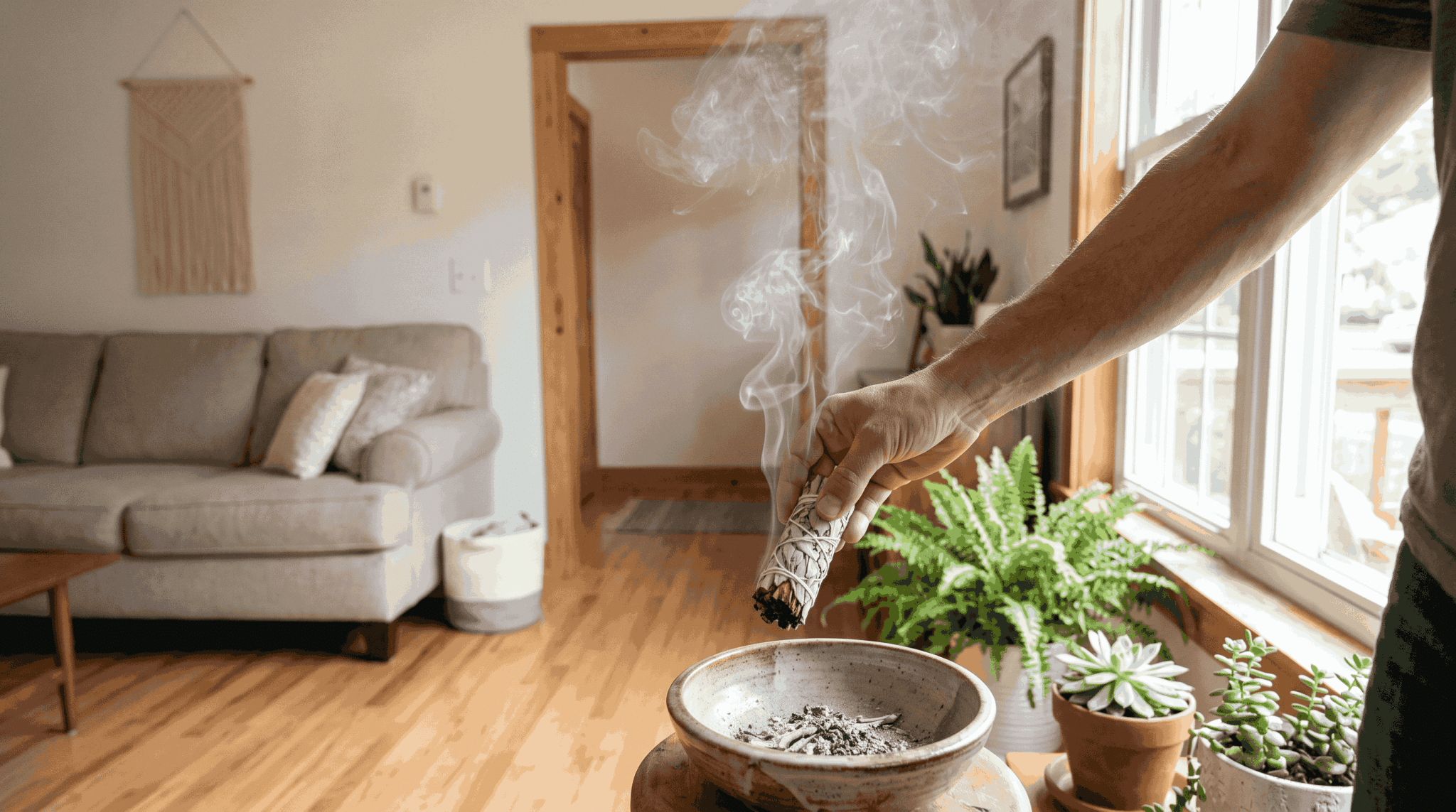 Person holding a smoking sage bundle over a ceramic bowl beside an open window in a warm, plant-filled room.
