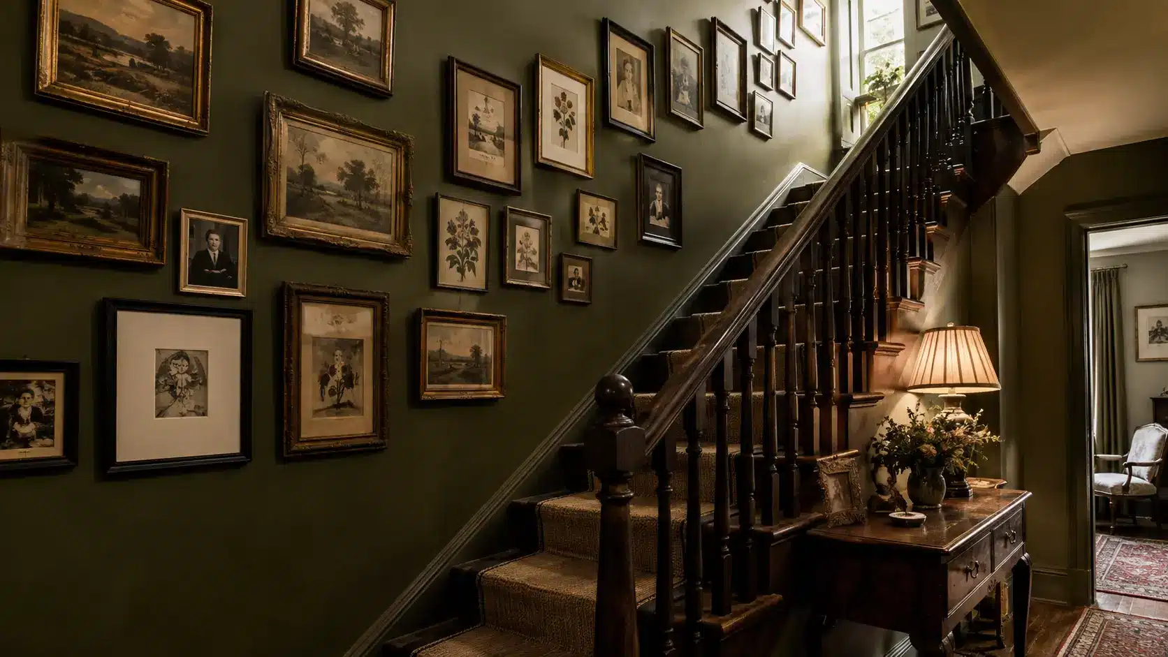 Alt text: Dark green stairwell with a gallery wall of framed landscapes, botanical prints, and portraits beside a wooden staircase, lit by daylight and a table lamp.