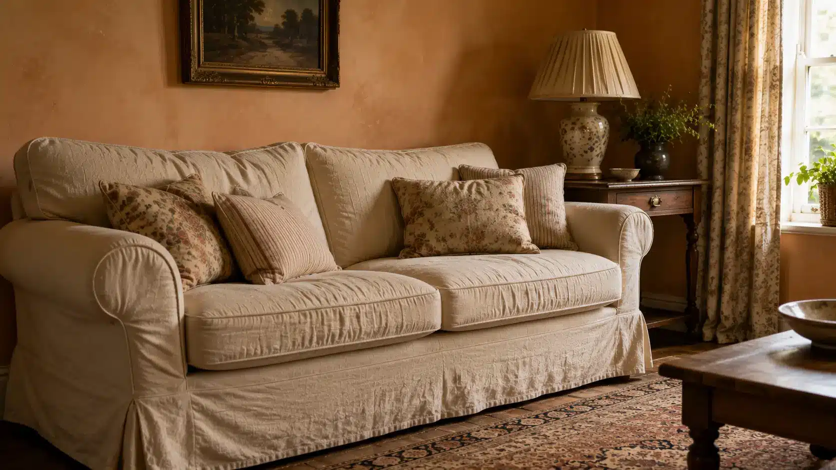 Cozy living room with a cream roll-arm sofa, floral and striped cushions, terracotta walls, patterned curtains, a vintage rug, and a wooden side table.