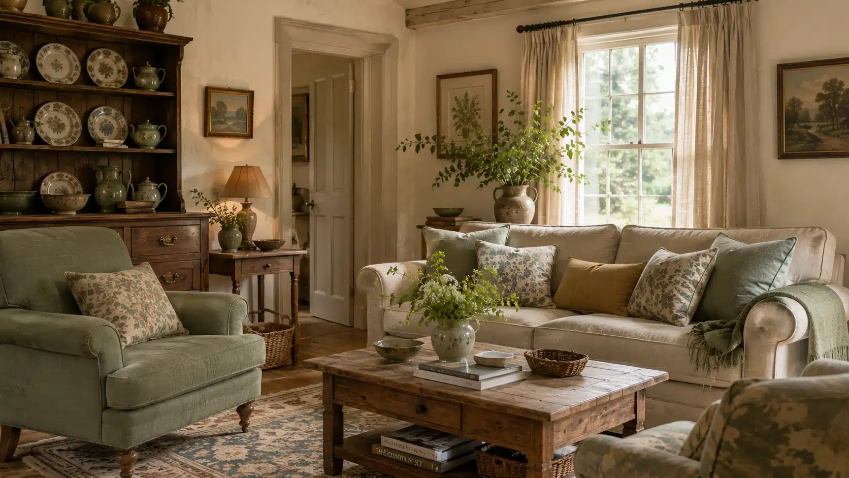 English cottage sitting room with cream walls, sage seating, aged wood furniture, floral fabrics, and soft daylight.