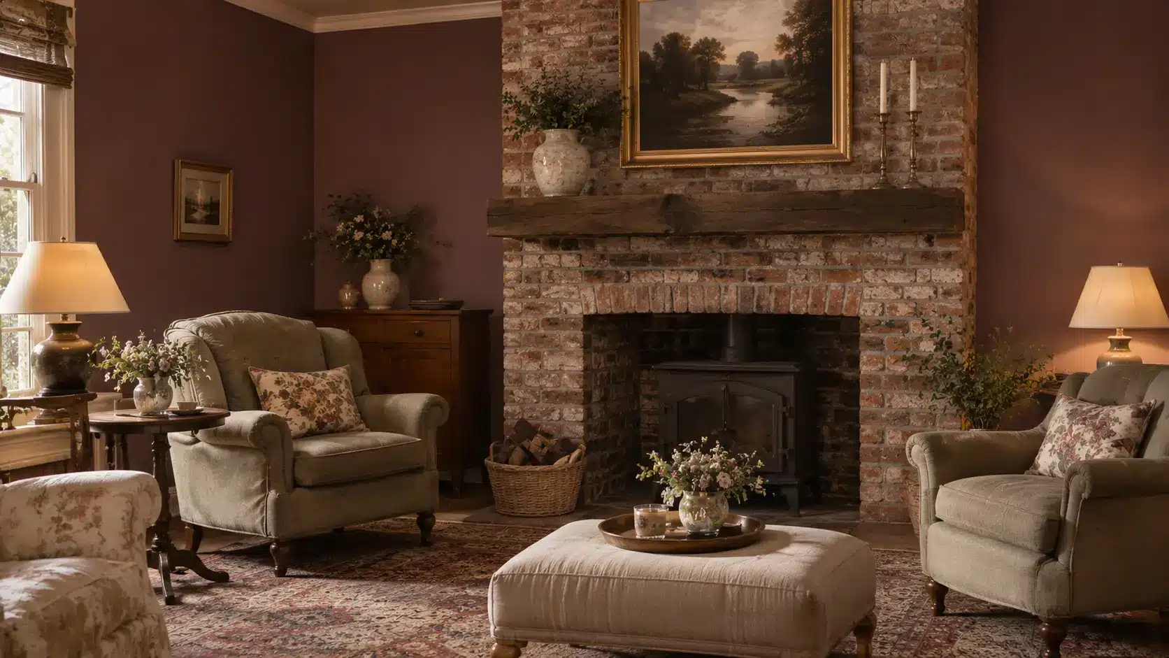 Photorealistic English cottage living room with an aged brick fireplace, reclaimed wood mantel, vintage armchairs, floral cushions, antique furniture, layered rug, ceramic decor, and warm table lamps.